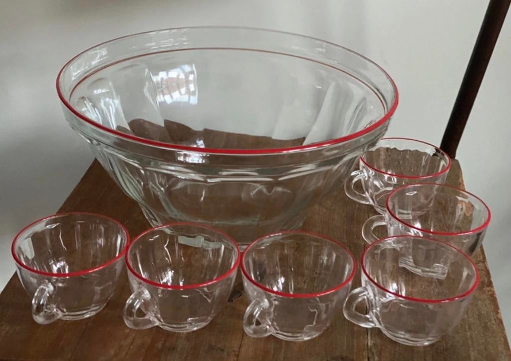 Vintage Duralex Rode Rand Punch Bowl Set - 1950s, Huis en Inrichting, Ophalen of Verzenden, Gebruikt