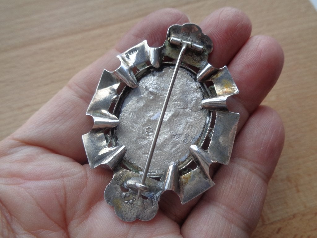 antiek zilveren broche met bloemen schilderij [214], Verzenden, Zilver, Broche