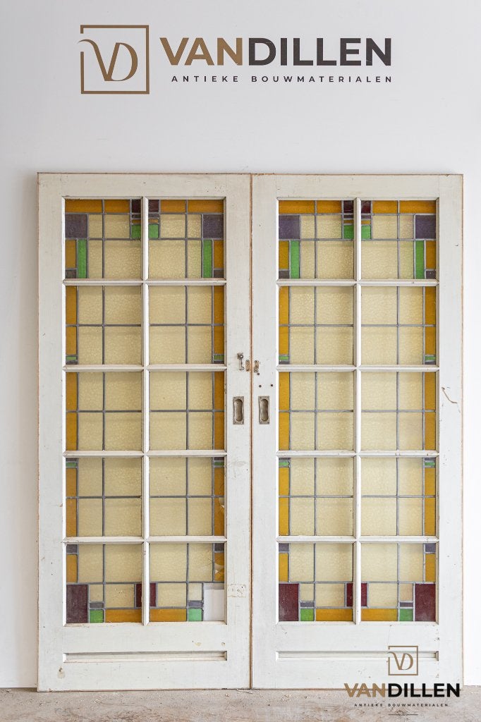 Antieke ensuite deuren glas in lood gekleurd 200.5 x 82.5, Doe-het-zelf en Verbouw, Deuren en Horren, Gebruikt, 120 cm of meer