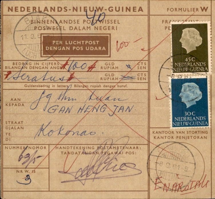 Nieuw Guinea - Postwissel - 1961, Postzegels en Munten, Brieven en Enveloppen | Nederland, Verzenden, Briefkaart