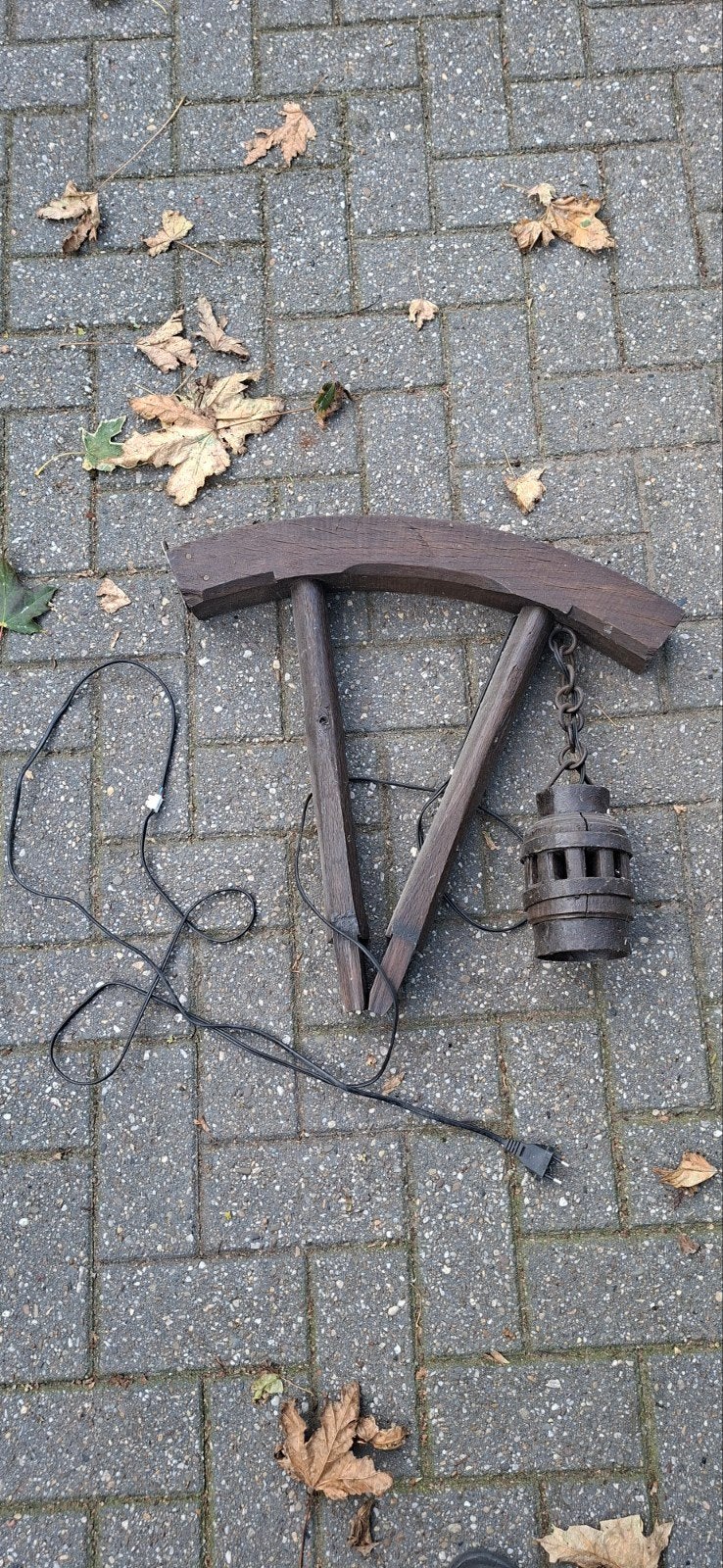 rustieke wandlamp van houten juk en metalen naaf/wagenwiel, Ophalen, Gebruikt, Bruin, Wandlamp