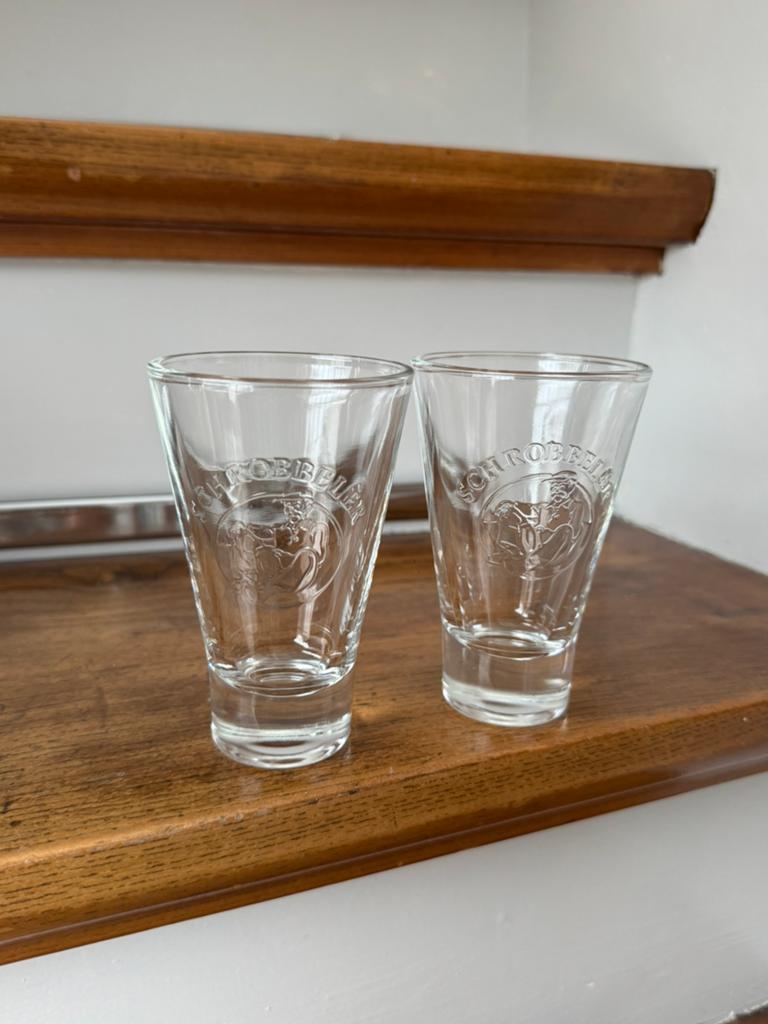 2x Schrobbelèr borrelglas, Verzamelen, Ophalen of Verzenden, Zo goed als nieuw, Borrel- of Shotglas