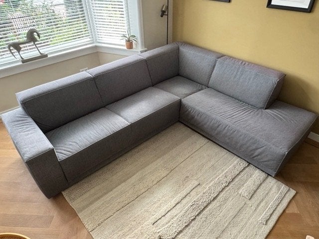 Grijs groen stoffen hoekbank - Modulair en comfortabel, Ophalen, Gebruikt, Hoekbank, 75 tot 100 cm