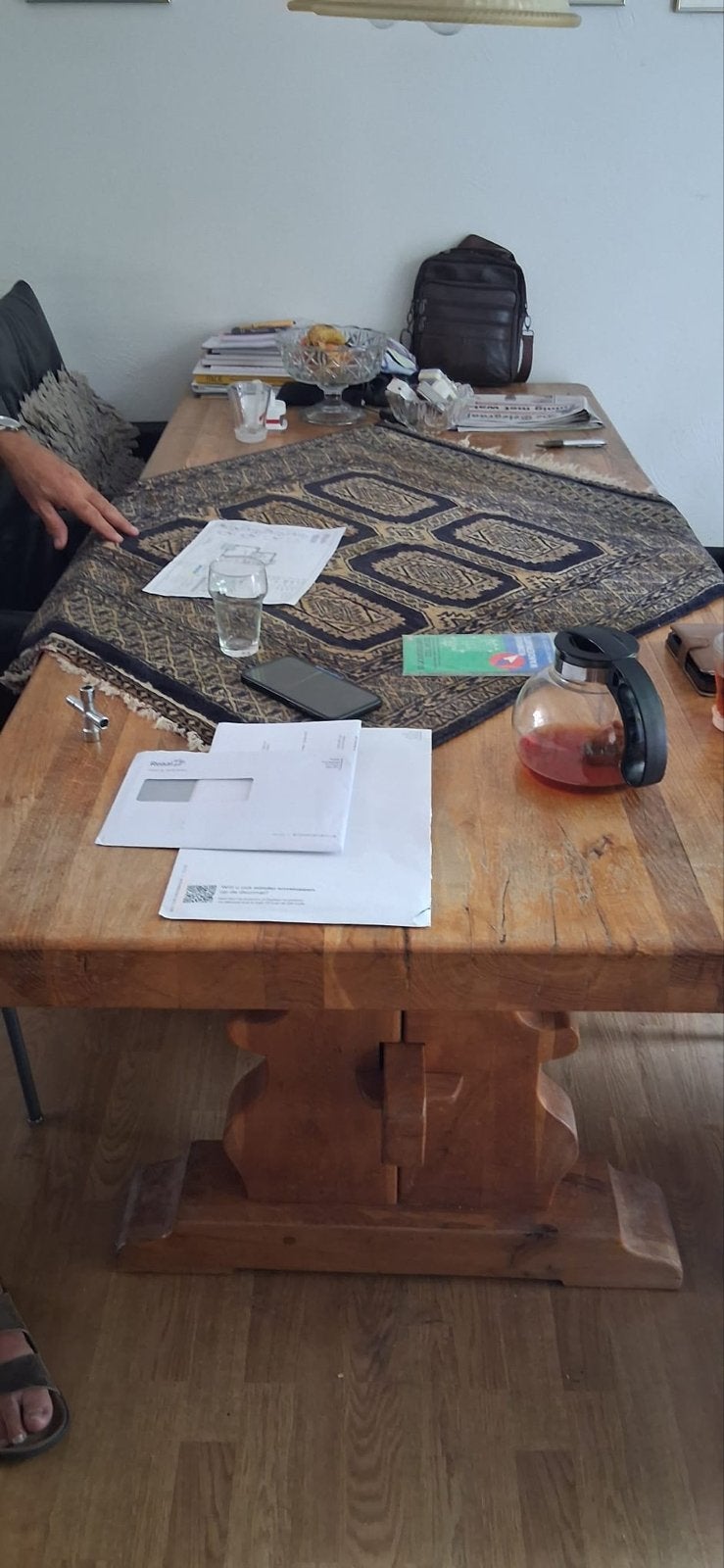 Massief eiken klooster tafel met stoelen 200x90, Ophalen, Gebruikt, Eikenhout, 200 cm of meer