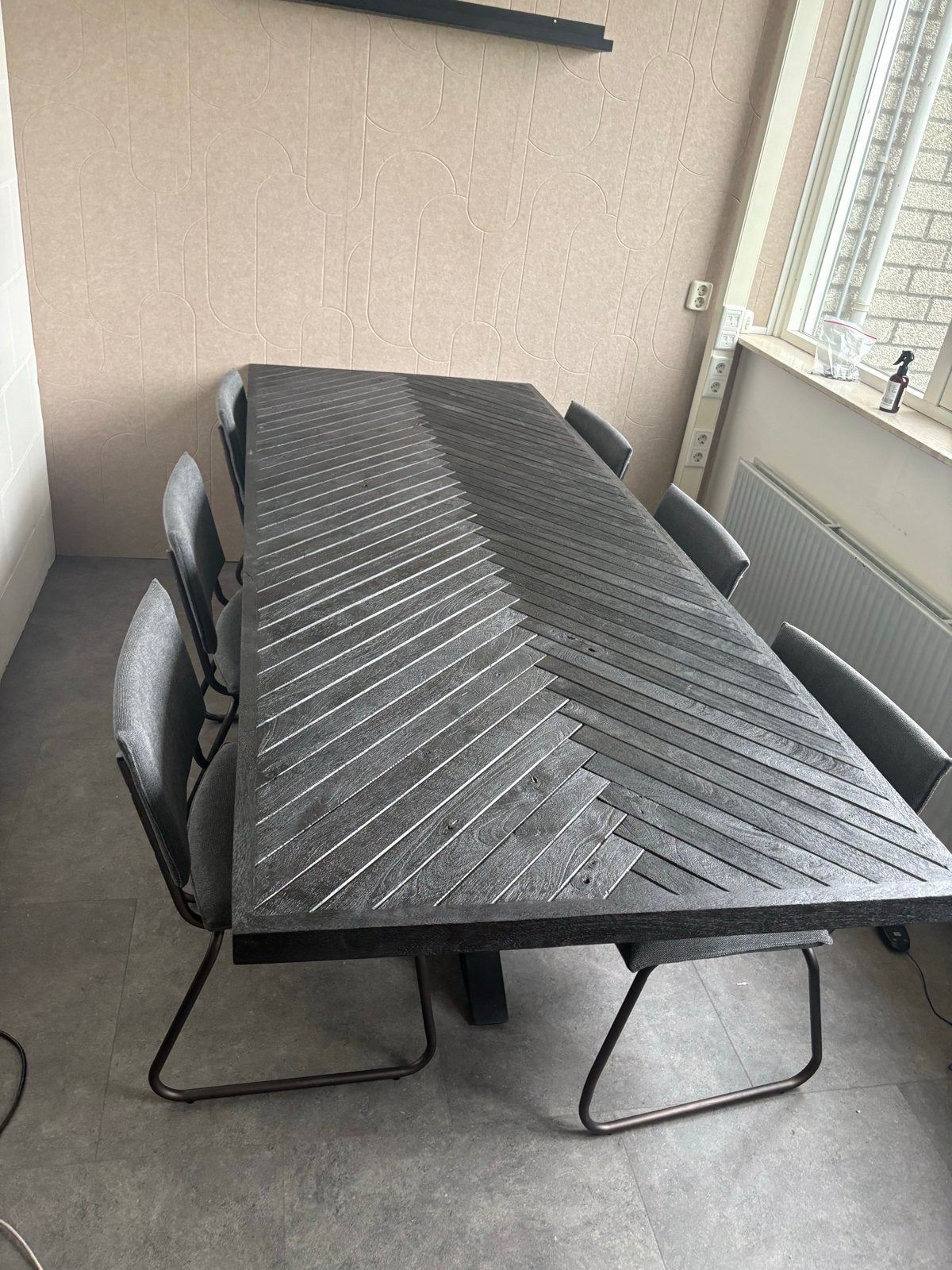Nieuwe Zwart Eiken Eettafel met stoelen - 260x100x77 cm, Ophalen, 100 tot 150 cm, Eikenhout, Rechthoekig