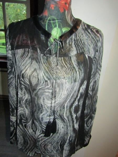 F657 NÜ mt S blouse top zwart grijs chiffon, Verzenden, Zo goed als nieuw, Lange mouw, Maat 36 (S)