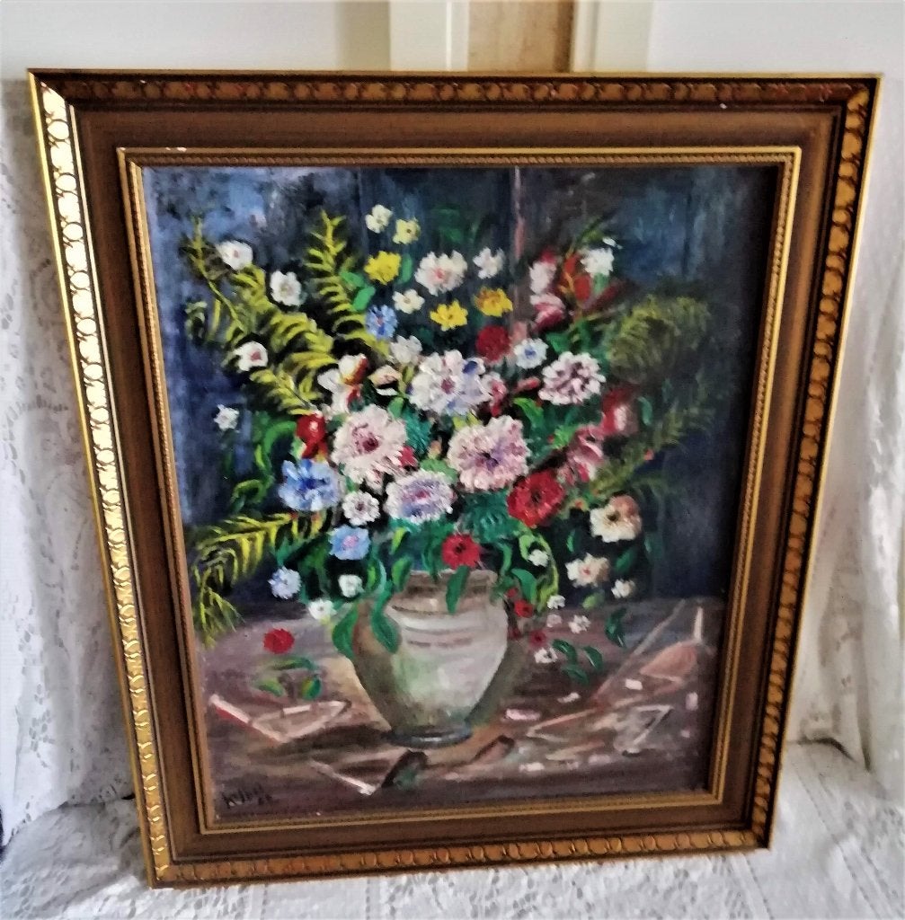 Klassiek schilderij in lijst olieverf pot bloemen gesigneerd, Doek, Gesigneerd, Olieverf, Klassiek