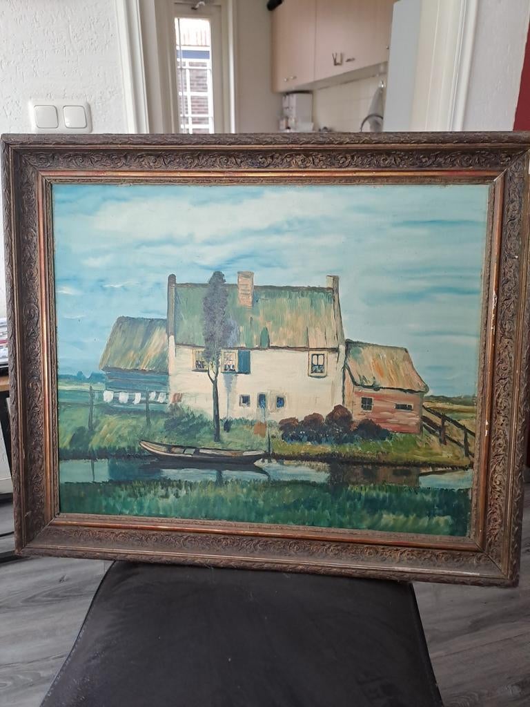 Groot schilderij met huis aan water, Ophalen of Verzenden