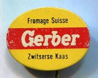 Gerber Zwitserse kaas blik speldje ( K_112), Verzenden, Zo goed als nieuw, Merk, Speldje of Pin