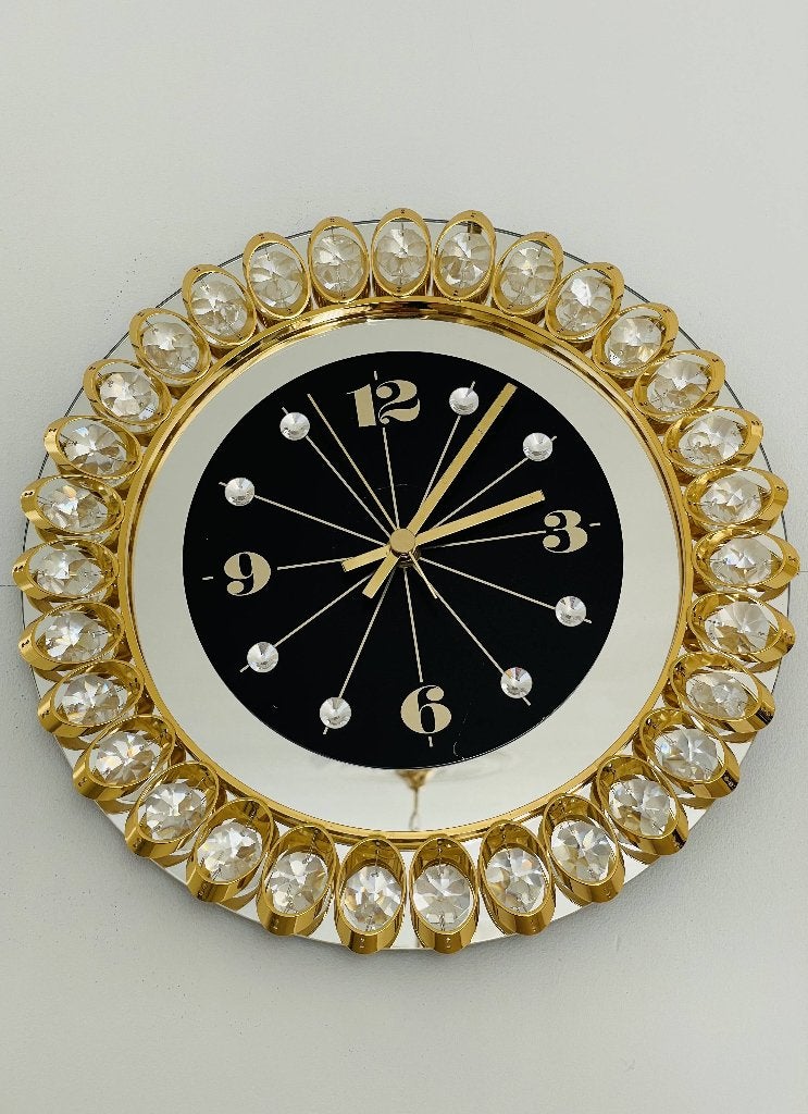 Wandklok met Swarovski kristal, Goud, Analoog, Werkt op batterijen, Ophalen of Verzenden