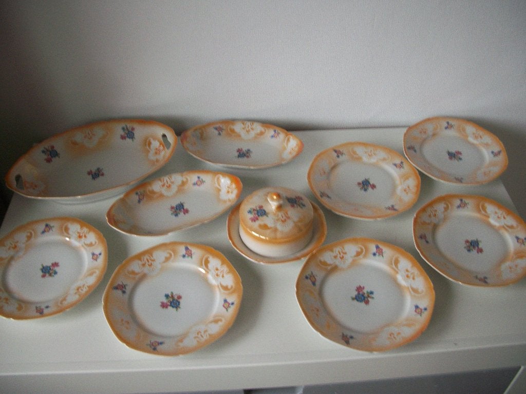 6 borden 3 Schalen Botervloot - Oranje Bloemen zgan - p.stuk, Antiek en Kunst, Antiek | Servies compleet, Ophalen of Verzenden