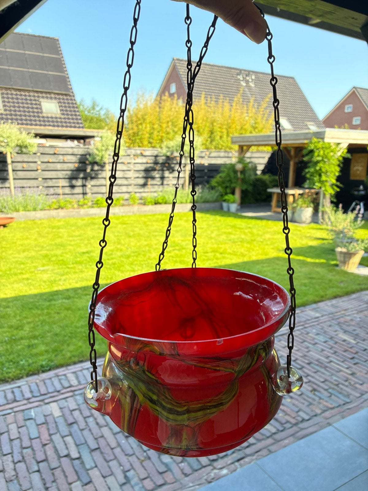 Antieke glazen hangpot rood/geel - uniek design, Antiek en Kunst, Antiek | Glas en Kristal, Ophalen