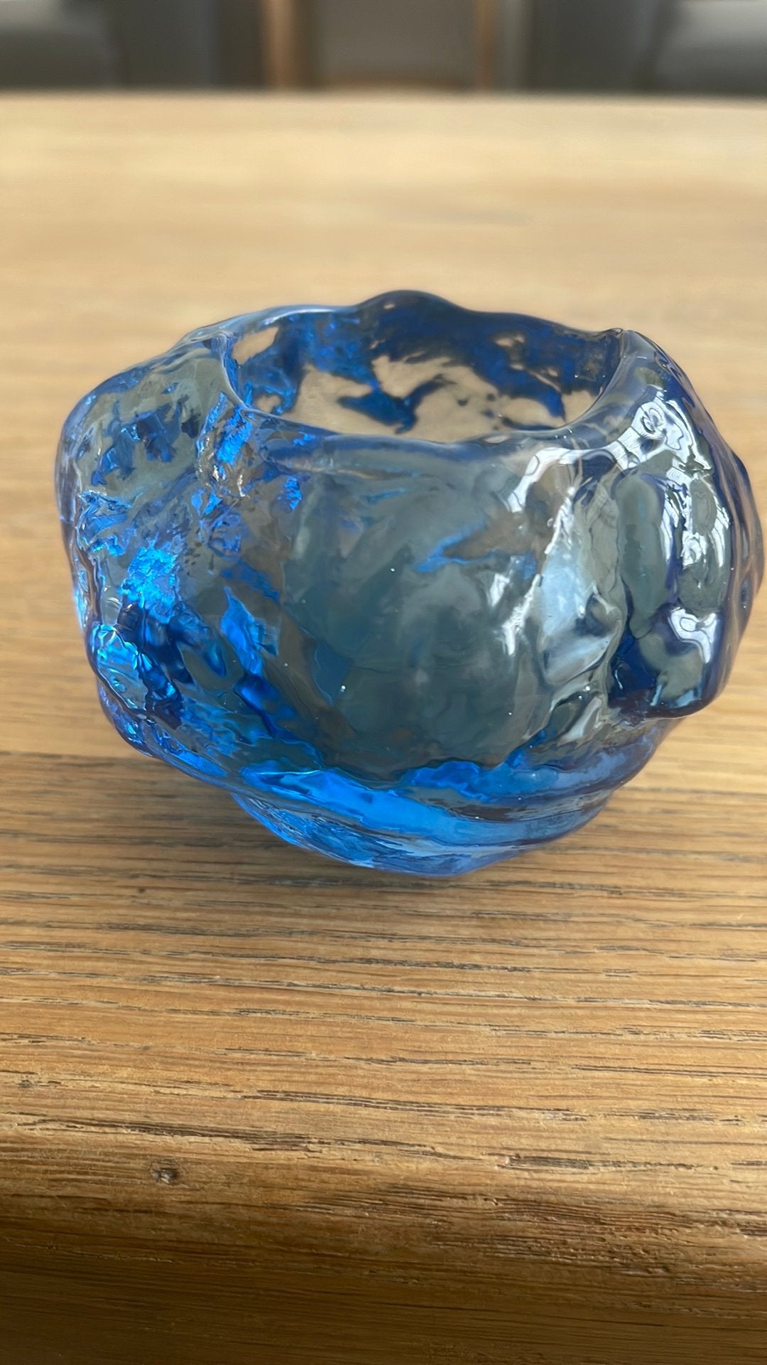 Blauwe glazen theelichthouder, abstract design, Ophalen of Verzenden