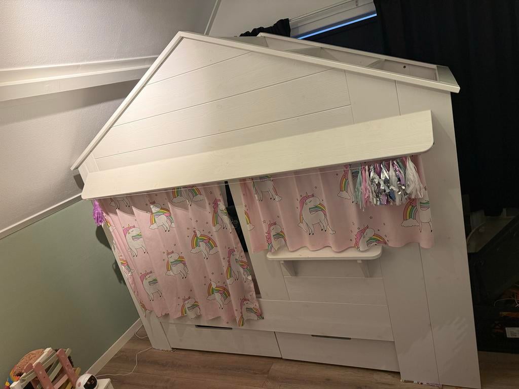 Halfhoogslaper met opbergruimte en speelhuisje, Kinderen en Baby's, Kinderkamer | Stapelbedden en Hoogslapers, Ophalen, Zo goed als nieuw