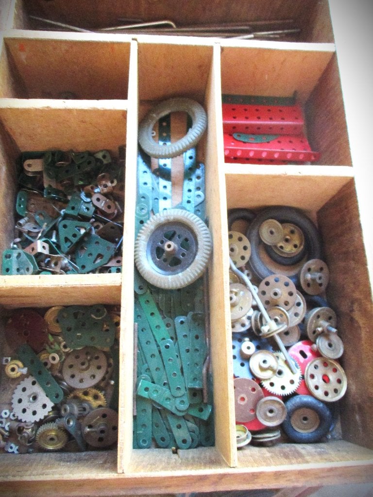 Meccano~Antiek Speelgoed Houten Bewaardoos+ extra box constr, Ophalen