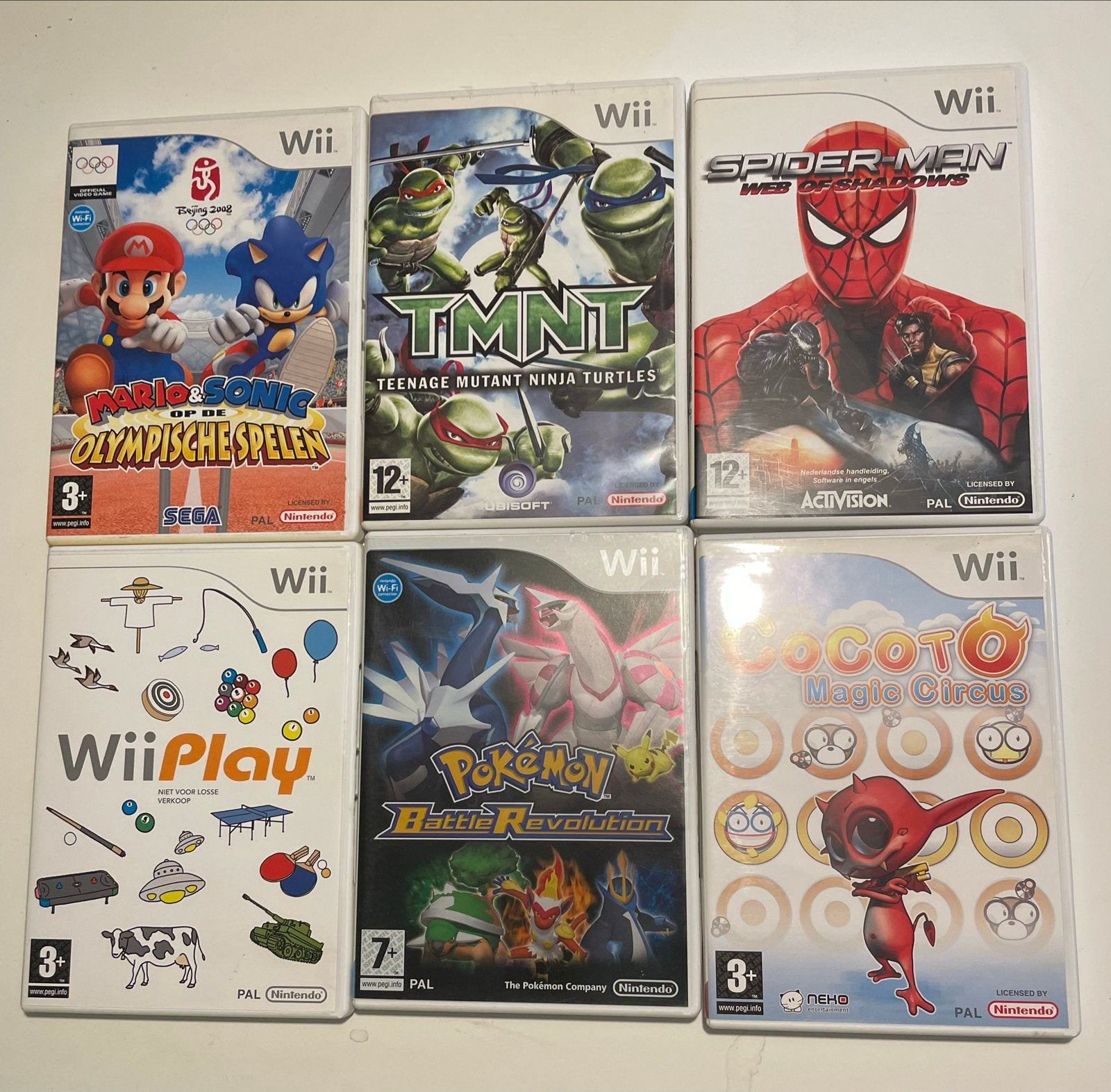 6 Wii games: Mario&Sonic, Turtles, Spiderman, Pokémon, Cocot, Spelcomputers en Games, Overige genres, Ophalen of Verzenden, Zo goed als nieuw