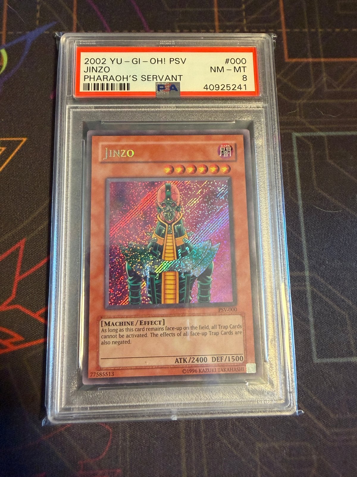 Yu-Gi-Oh! Jinzo PSV-000 PSA 8 Pharaoh's Servant, Ophalen of Verzenden, Zo goed als nieuw, Losse kaart