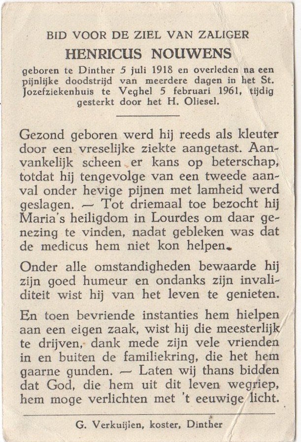 Henricus Nouwens 1918 Dinther + 1961 Veghel, 42 jaar, Verzamelen, Bidprentjes en Rouwkaarten, Verzenden