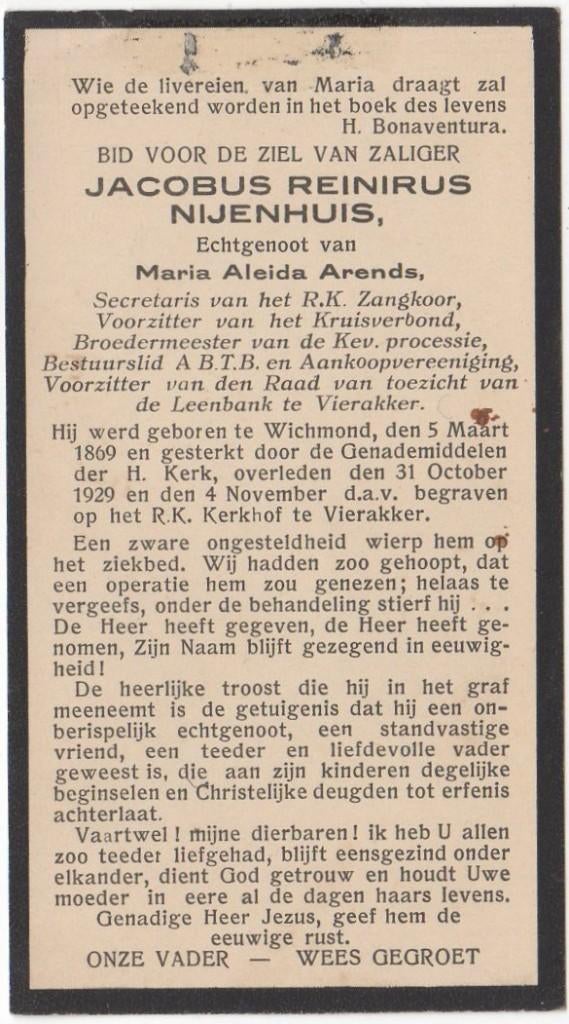 Jacobus R. Nijenhuis 1869 Wichmond + 1929 Vierakker, 60 jr, Verzenden