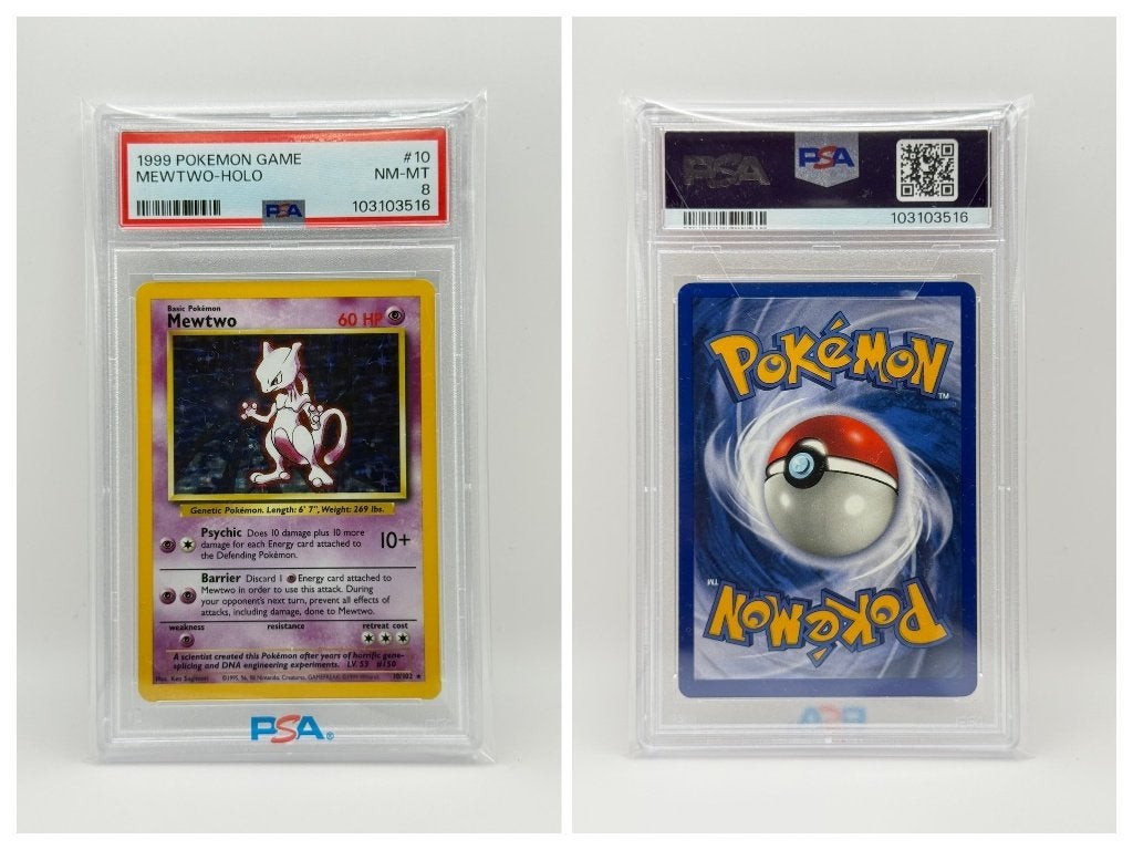 Mewtwo Holo #10 Base Set Engels PSA 8, Verzenden, Zo goed als nieuw, Losse kaart