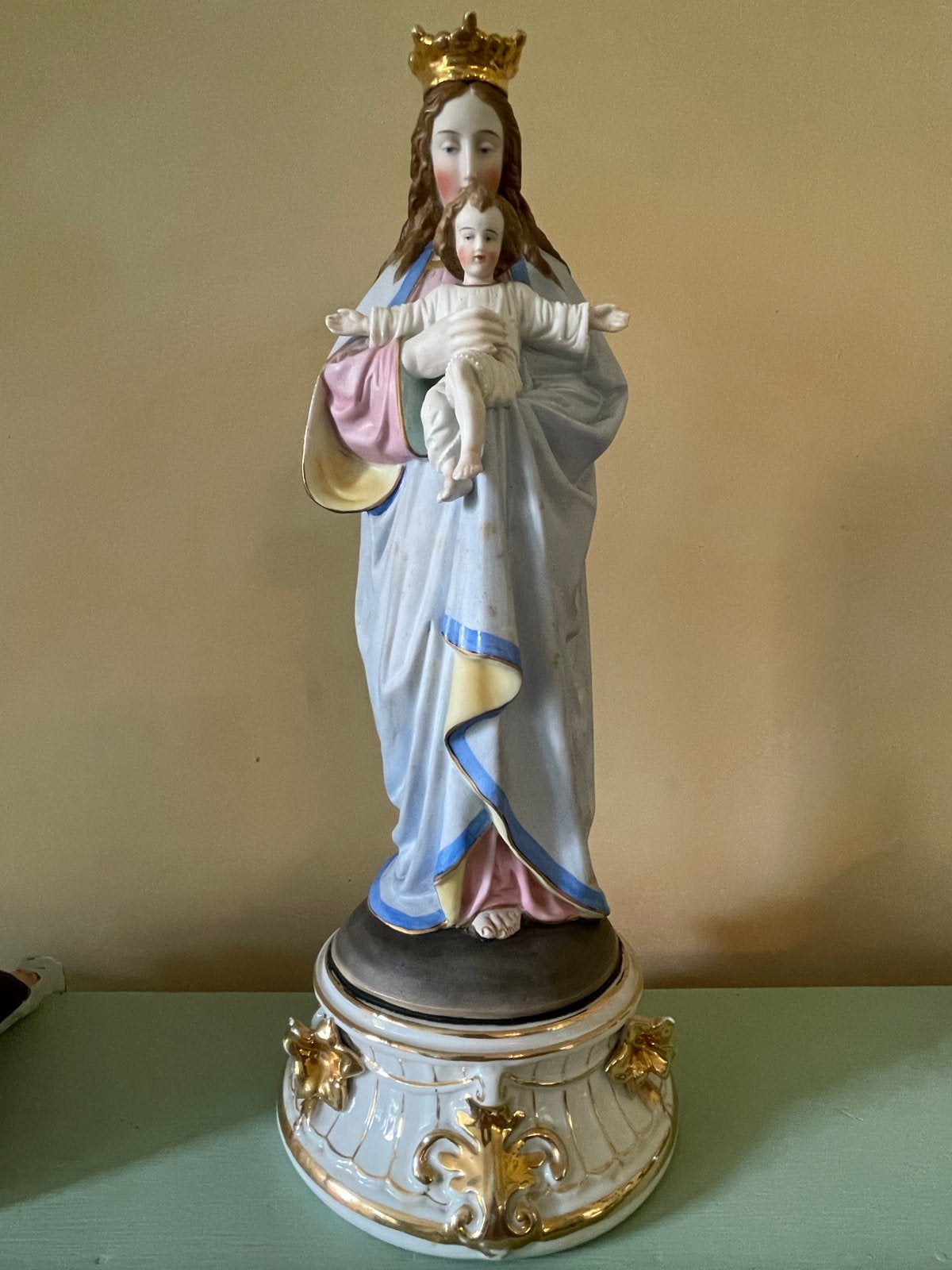 Antiek Beeld Maria met Kind, biscuitporselein, 37,5 cm, Ophalen of Verzenden
