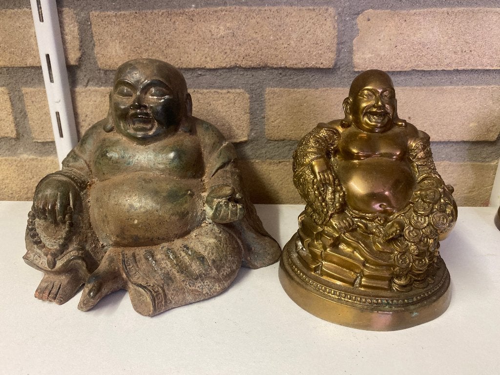 2 bronzen beelden van Happy boeddha, Huis en Inrichting, Woonaccessoires | Boeddhabeelden, Ophalen of Verzenden, Zo goed als nieuw