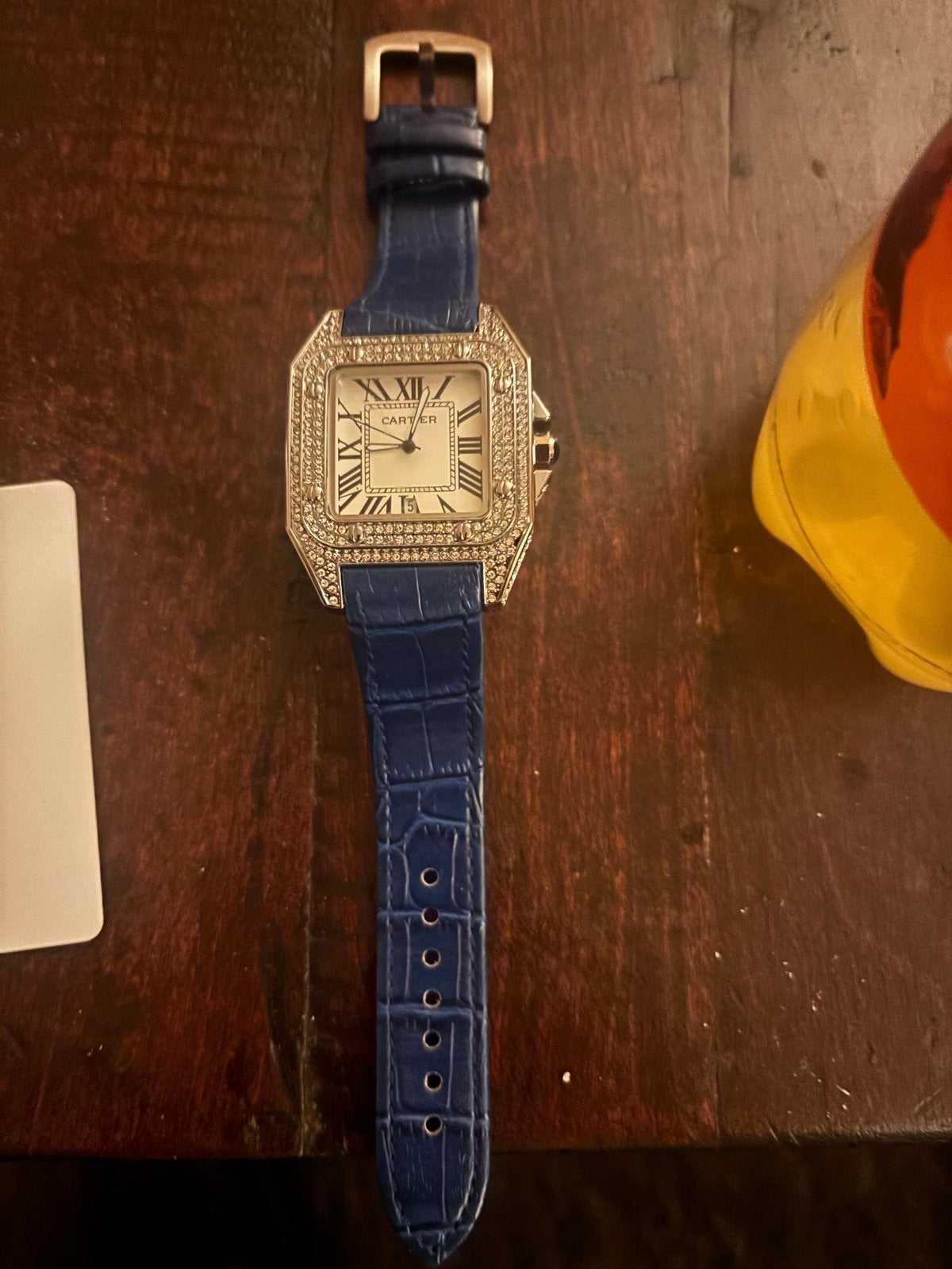 Cartier Santos-Dumont horloge met diamanten en blauwe band, Overige merken, Leer, Polshorloge, Ophalen of Verzenden