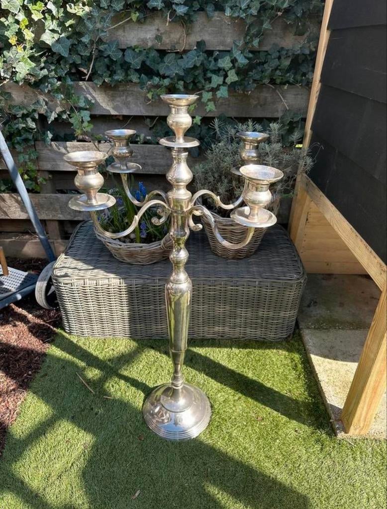 Grote zilverkleurige kandelaar met 5 armen, Antiek en Kunst, Ophalen, Overige materialen