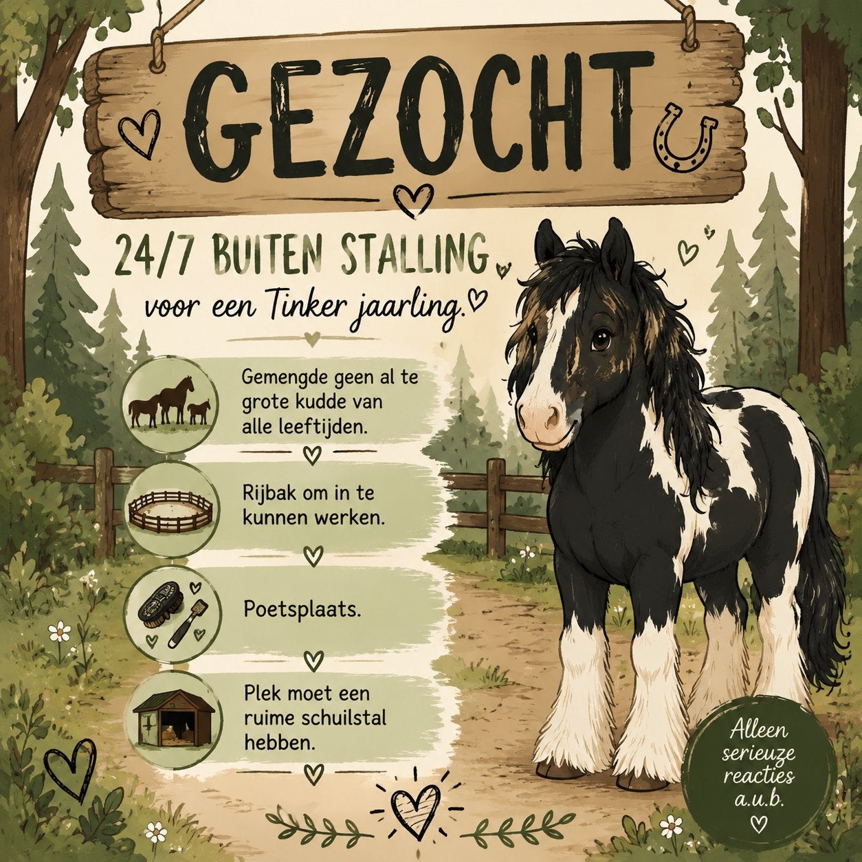 Op zoek naar 24/7 buiten voor Tinker jaarling., Dieren en Toebehoren, Stalling en Weidegang, Weidegang, 1 paard of pony