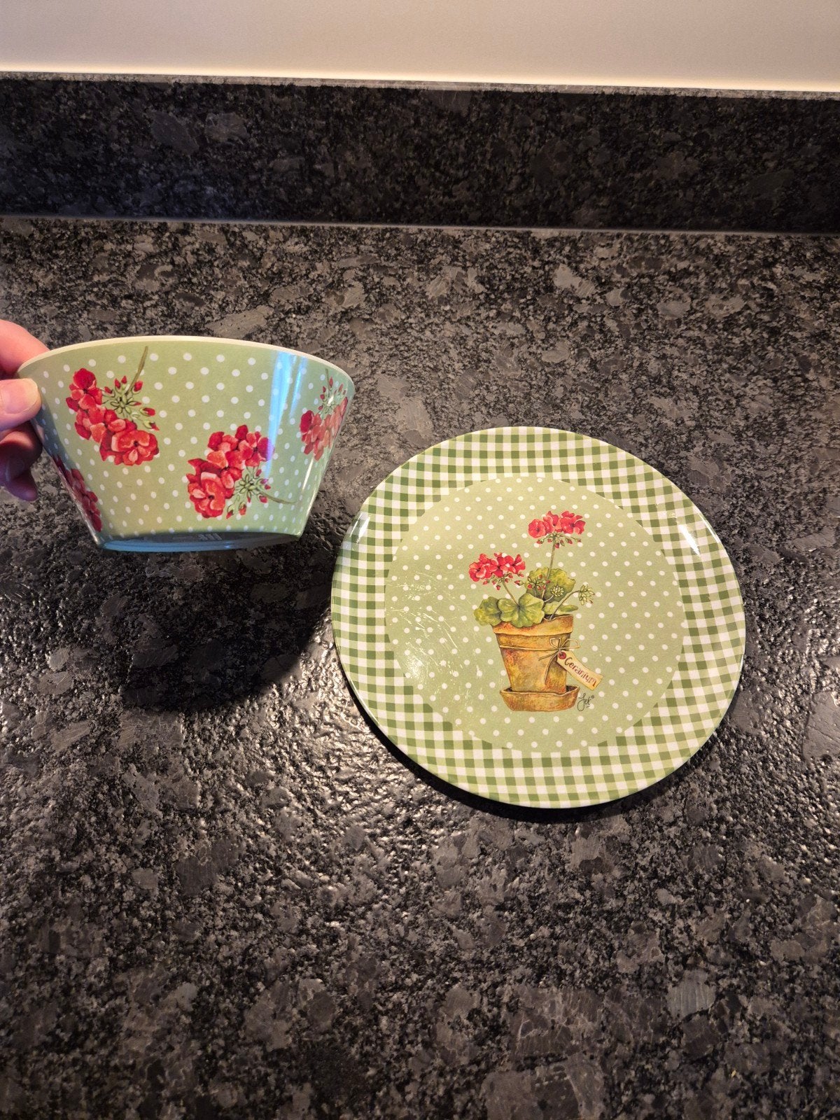 Jet ter Steege - Melamine bord en schaaltje Geraniums, Overige materialen, Gebruikt, Ophalen of Verzenden, Bord(en)