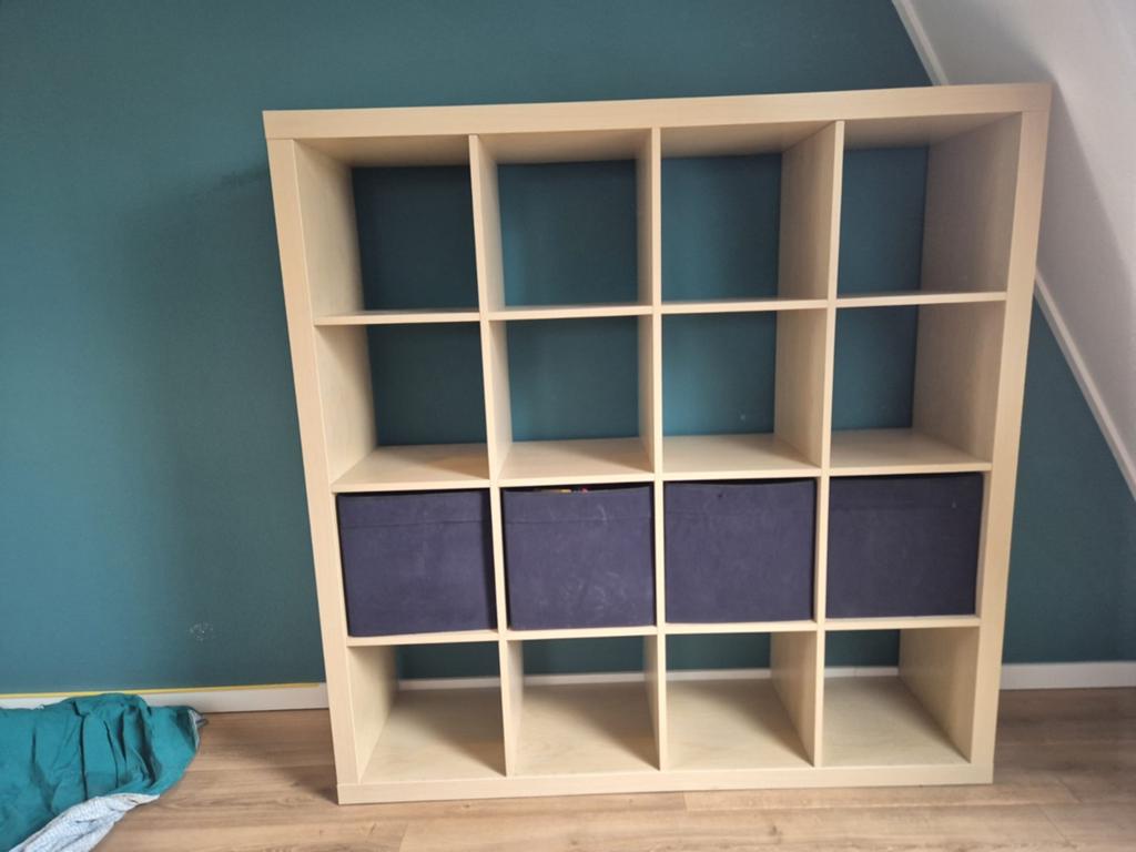 IKEA Kallax kast 4x4 met opbergboxen, Ophalen, Met plank(en), Gebruikt, 100 tot 150 cm