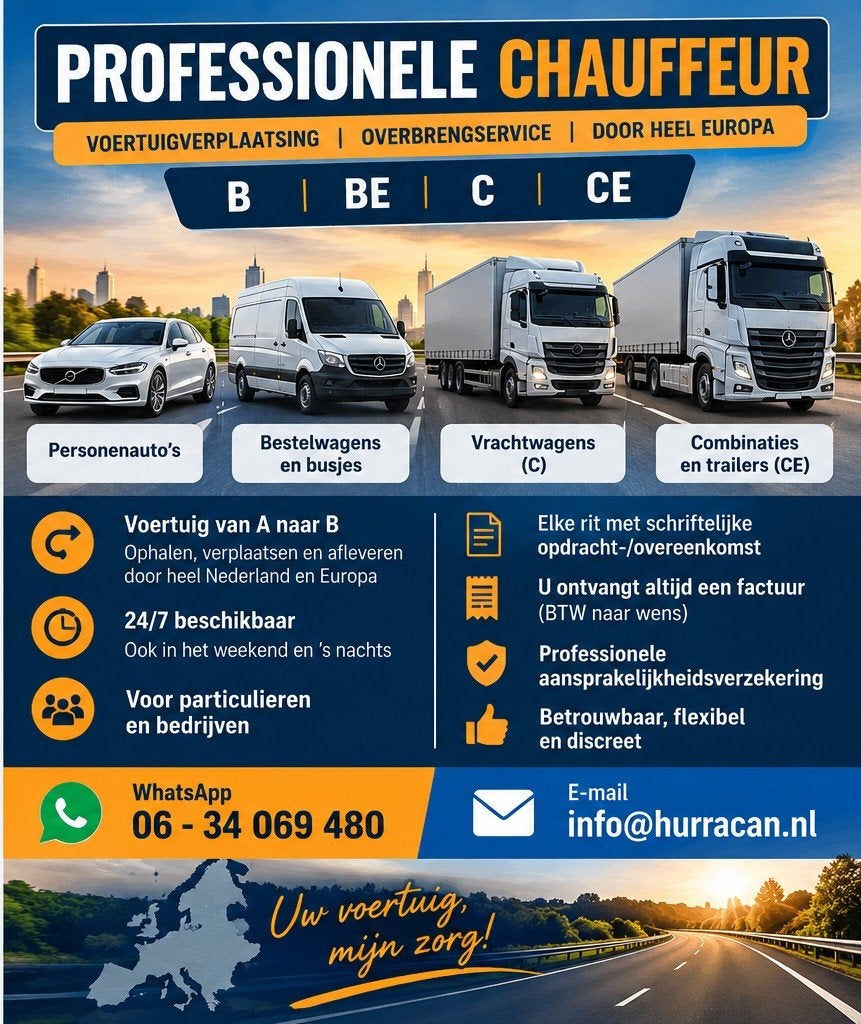 Professionele chauffeur B, BE, C, CE – voertuigverplaatsing, 33 - 40 uur, Overige niveaus, Vanaf 3 jaar, Overige vormen