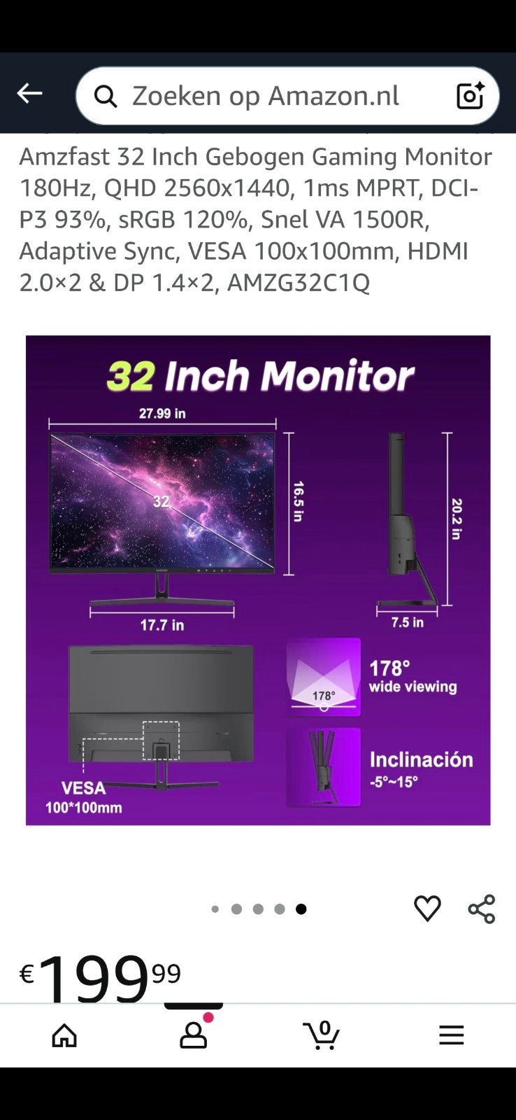 Nette game monitor, 32 inch, Amzfast, Zo goed als nieuw, In hoogte verstelbaar