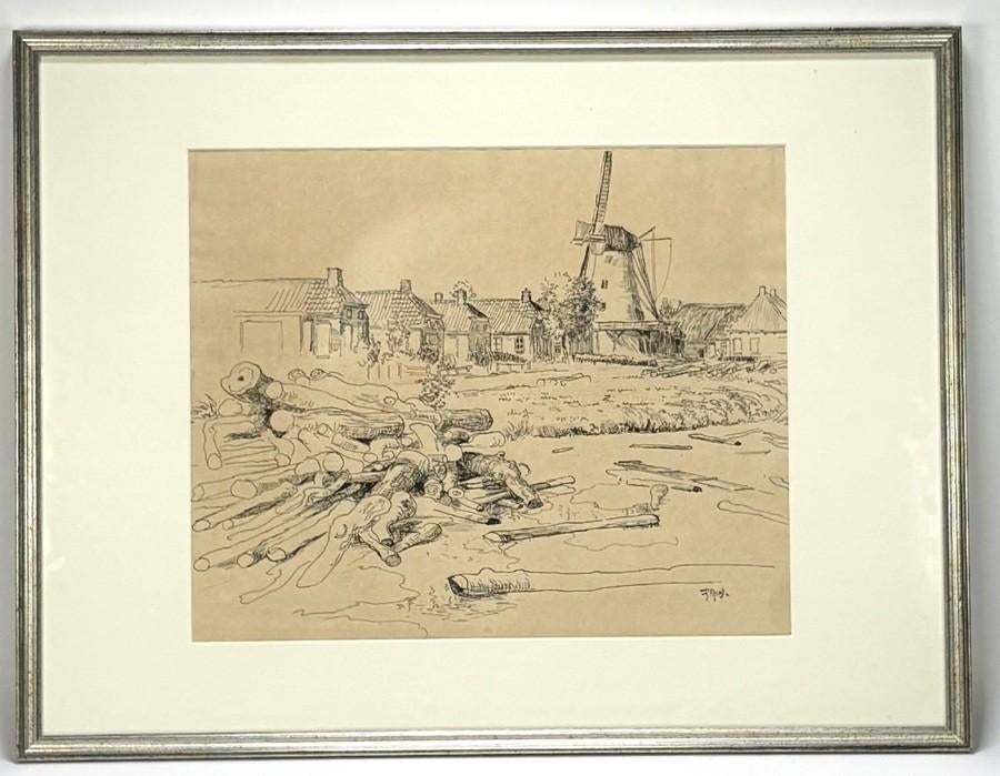 1380. Tekening, Riekle Prins – Landschap met molen, ca. 1940, Ophalen of Verzenden