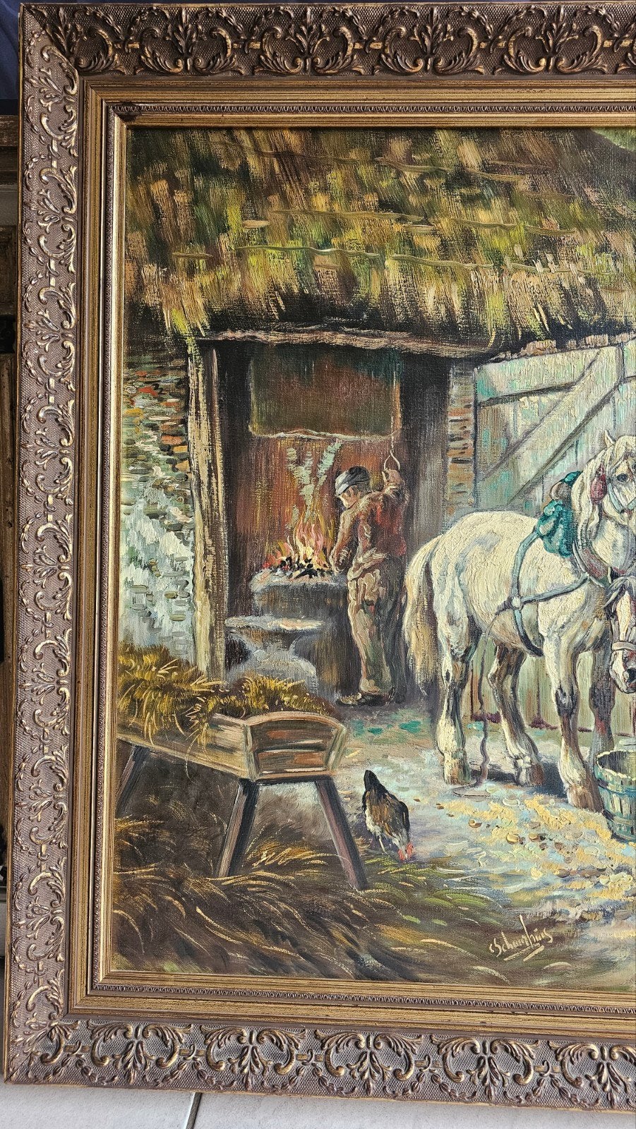 Monumentaal olieverfschilderij  Trekpaarden & hoefsmid, Ophalen