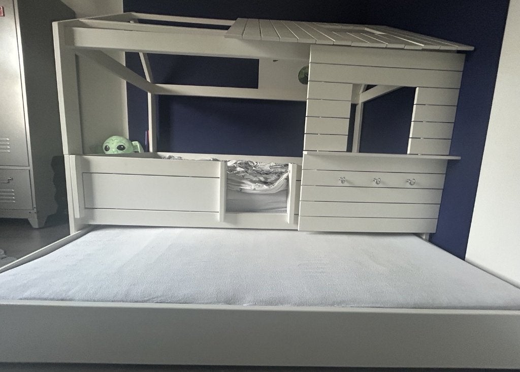 Lifetime kidsroom - Low Hutbed SilverSparkle met bedlade, Ophalen, Gebruikt, 70 tot 85 cm, Lattenbodem
