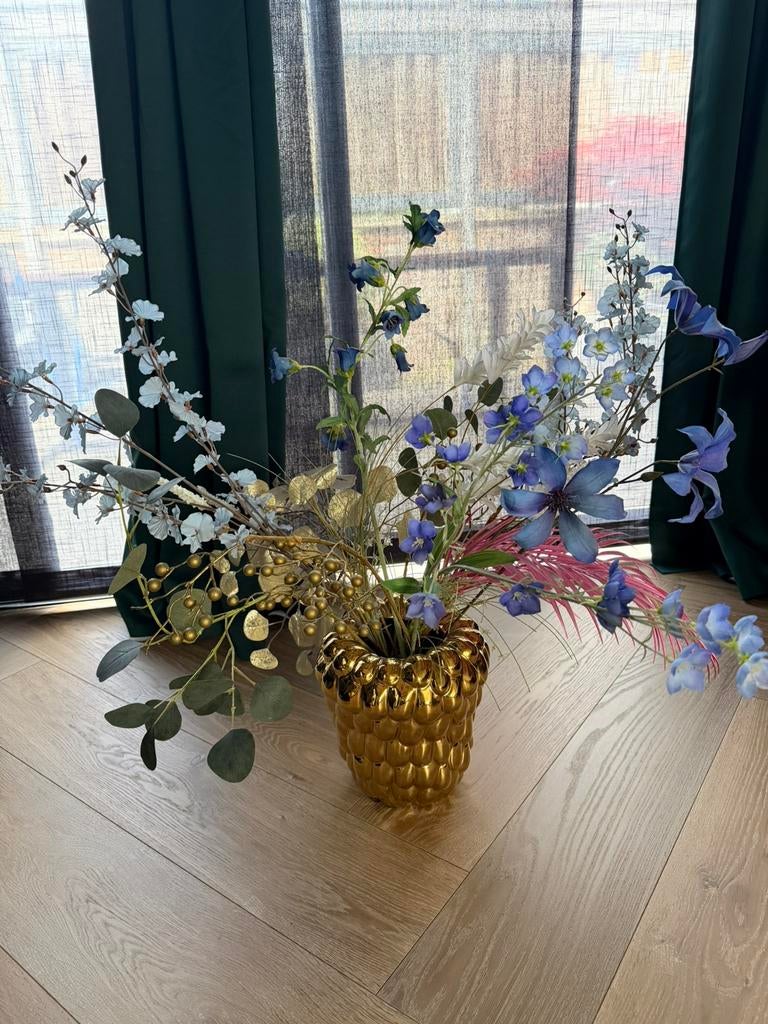 Gouden bloempot incl. kunstbloemen, Ophalen, Zo goed als nieuw