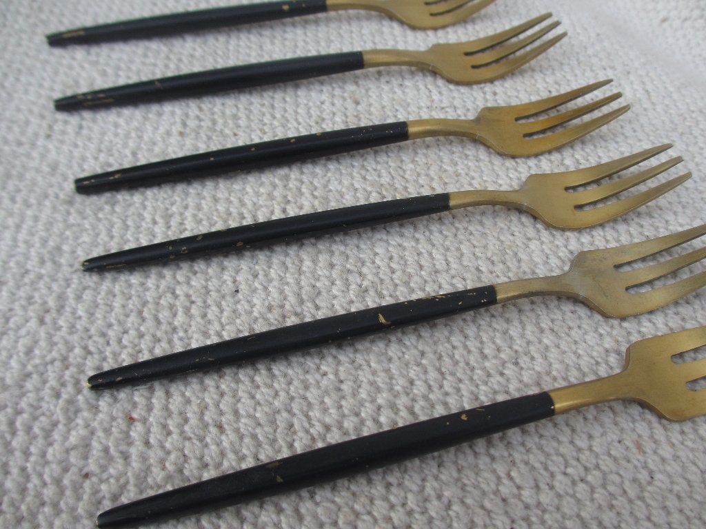 Elegante Taartvorkjes - Goud Zwart Gemeo bestek?, Huis en Inrichting, Keuken | Bestek, Overige materialen, Gebruikt, Gebaksvork