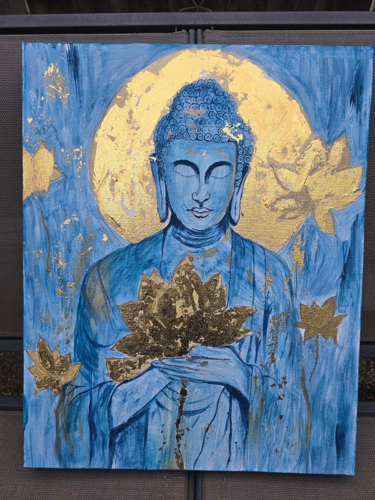 Handgeschilderde Boeddha – Gouden Sereniteit, Ophalen of Verzenden