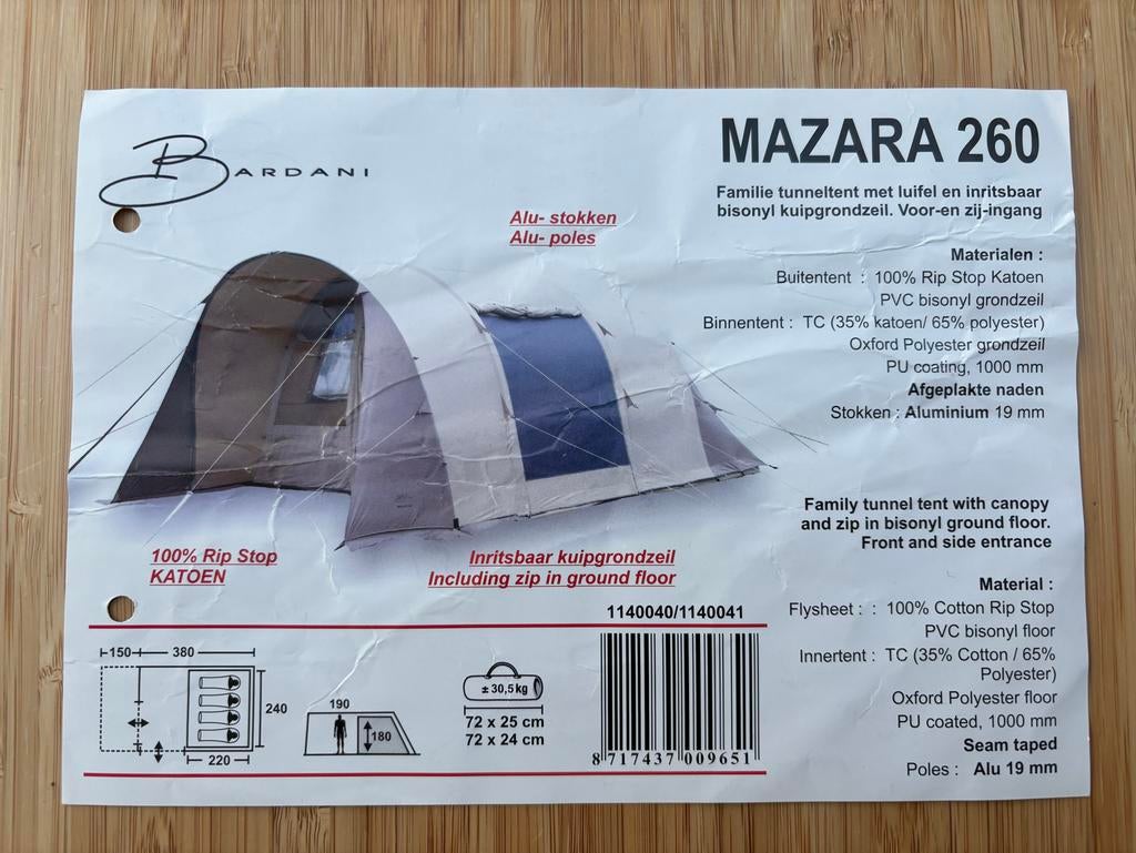 Bardani Mazara 260 Familietent - Ruim en Comfortabel, Caravans en Kamperen, Ophalen, Zo goed als nieuw, Tot en met 4