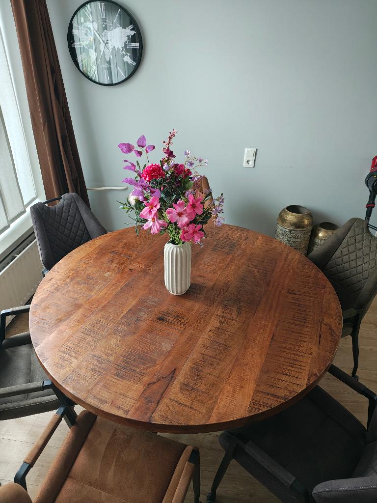 Ronde mango houten eettafel + 6 eetkamerstoelen | Ø150 cm, Gebruikt, Rond, Vijf personen of meer, Warm, klassiek, gezellig, familie, degelijk
