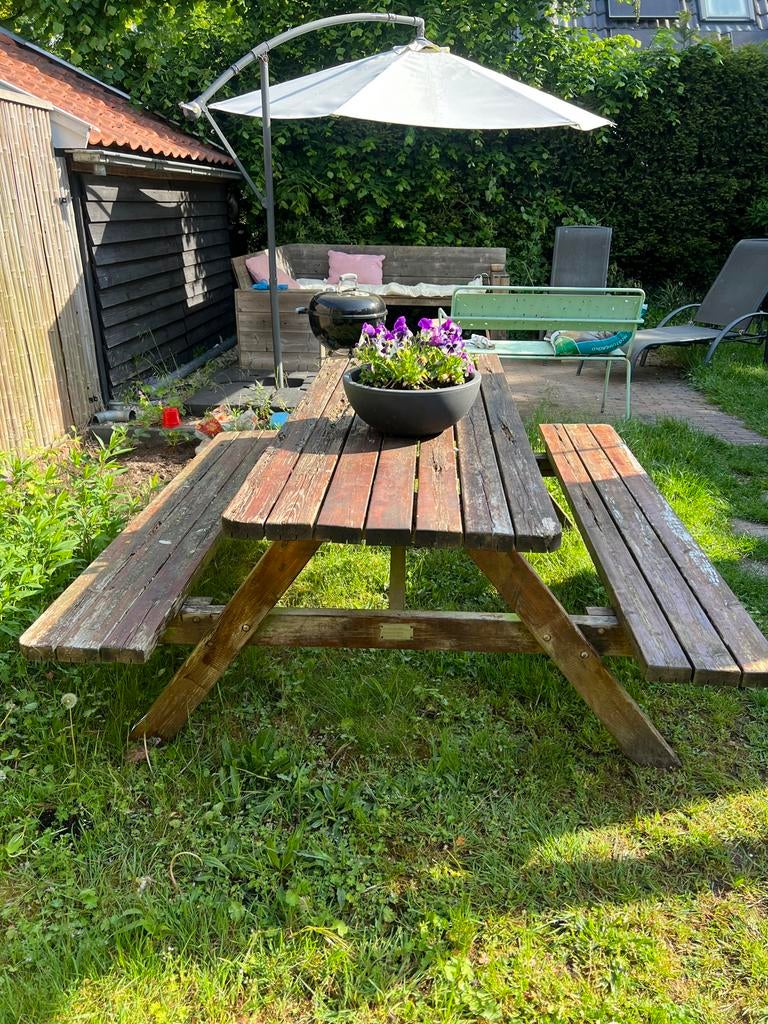 Robuuste houten picknicktafel voor tuin of terras, Tuin en Terras, Picknicktafels, Ophalen, Gebruikt, Rechthoekig, Hout