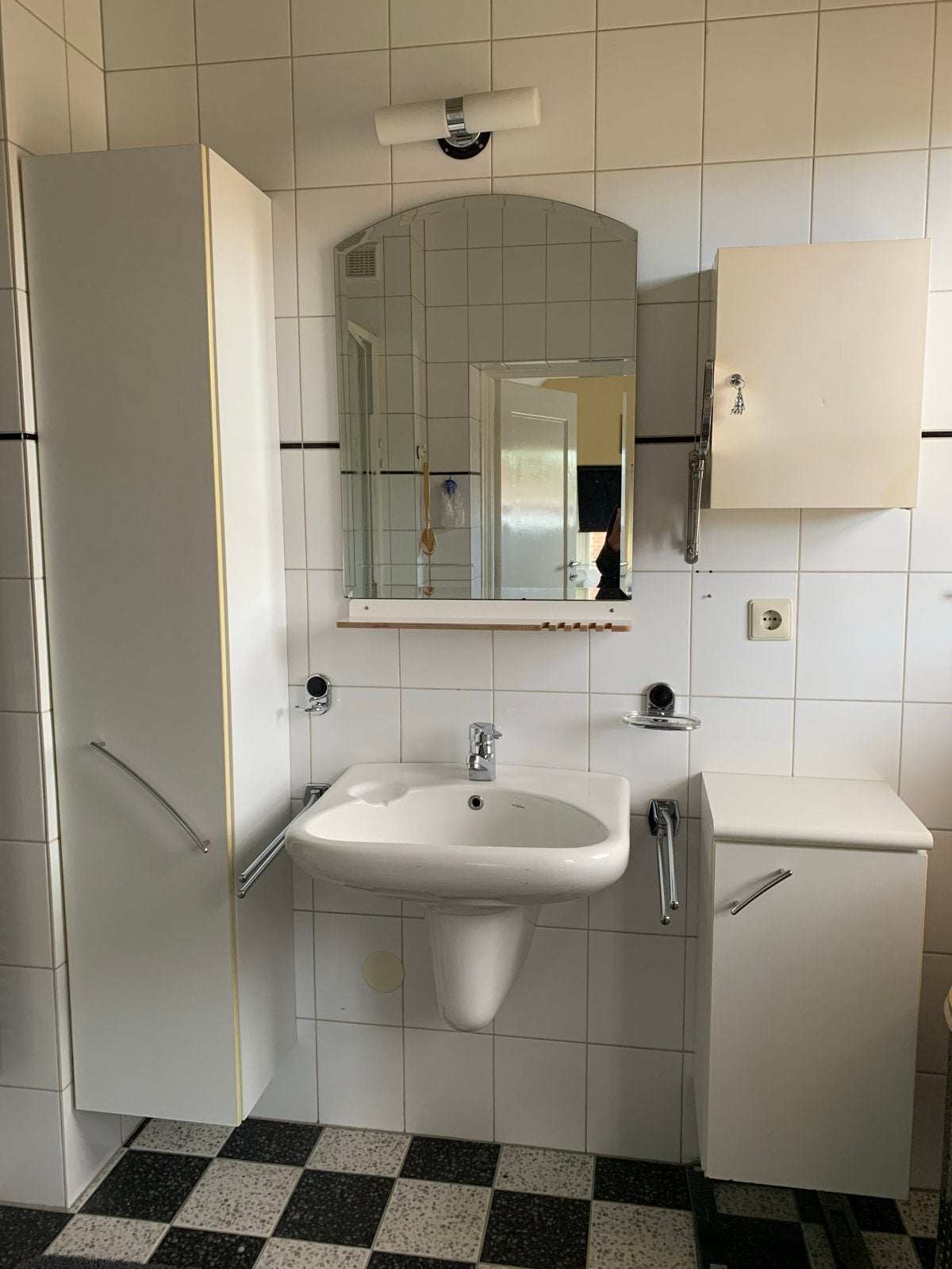 Sphinx witte wastafel + kasten en spiegel, Ophalen, Gebruikt, Chroom, Wastafel