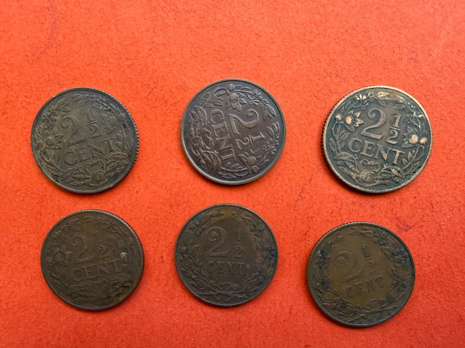 Set 6 Nederlandse (bronzen) 2,5 centen, Ophalen of Verzenden, Koningin Wilhelmina, Overige waardes
