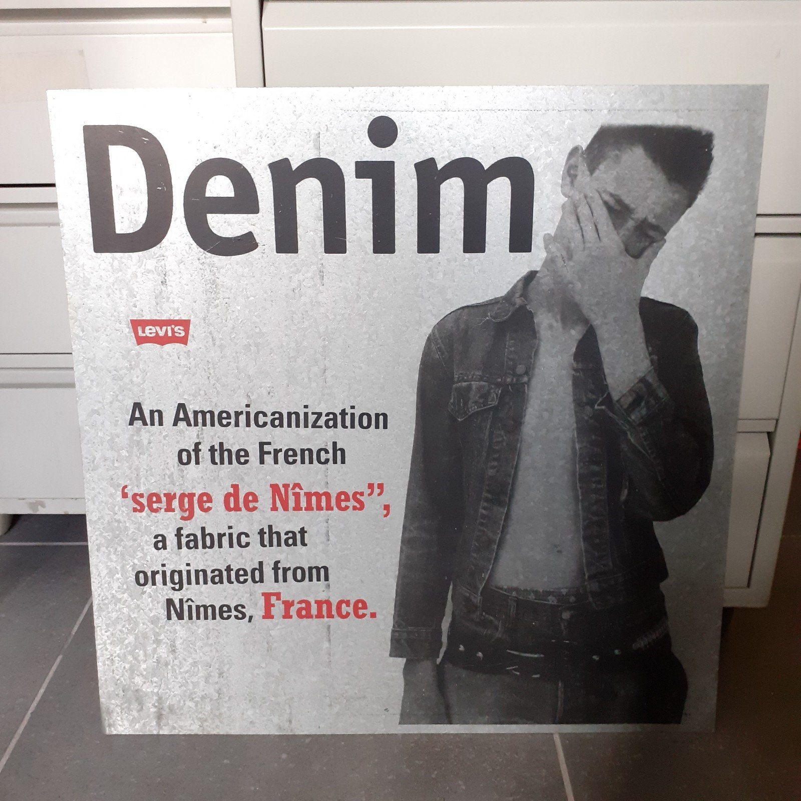 Vintage Levi's reclamebord op zink, 52x52 cm, Ophalen, Gebruikt, Reclamebord