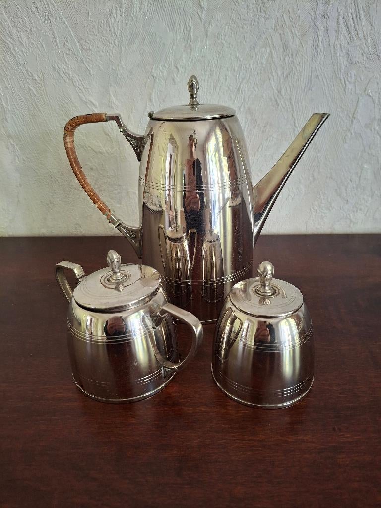 Mooi verzilverd setje, koffiepot, suiker/melkstelletje, Antiek en Kunst, Ophalen of Verzenden, Zilver