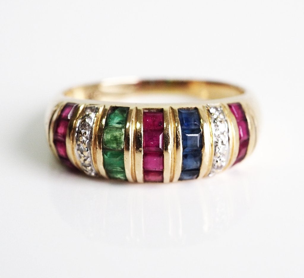 14 krt gouden ring met diamant, robijn, smaragd en saffier, Ophalen of Verzenden, Goud, Ring, Met edelsteen