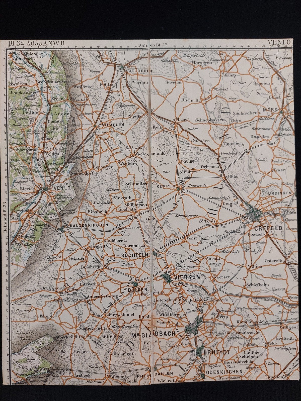 34 / Venlo en omgeving plattegrond uit Atlas ANWB uit 1920!, Boeken, Gelezen, ANWB, Ophalen of Verzenden, Landkaart