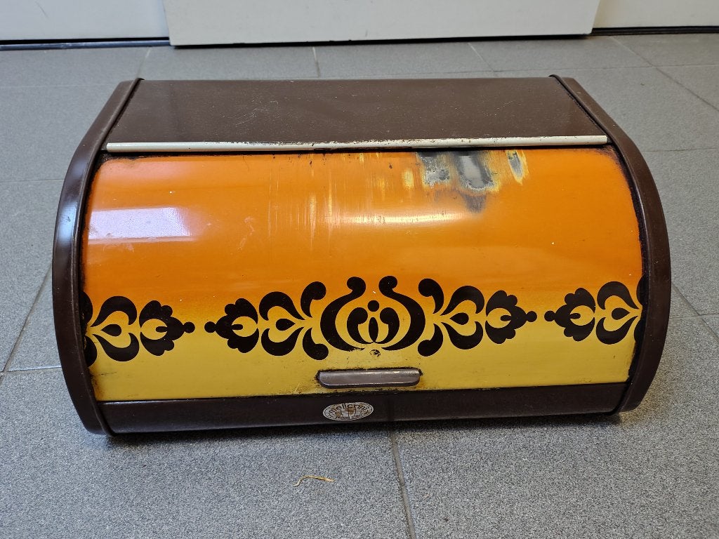 Vintage broodtrommel - Bruin/Oranje met decor, Melconi, Ophalen, Gebruikt, Metaal, Overige merken