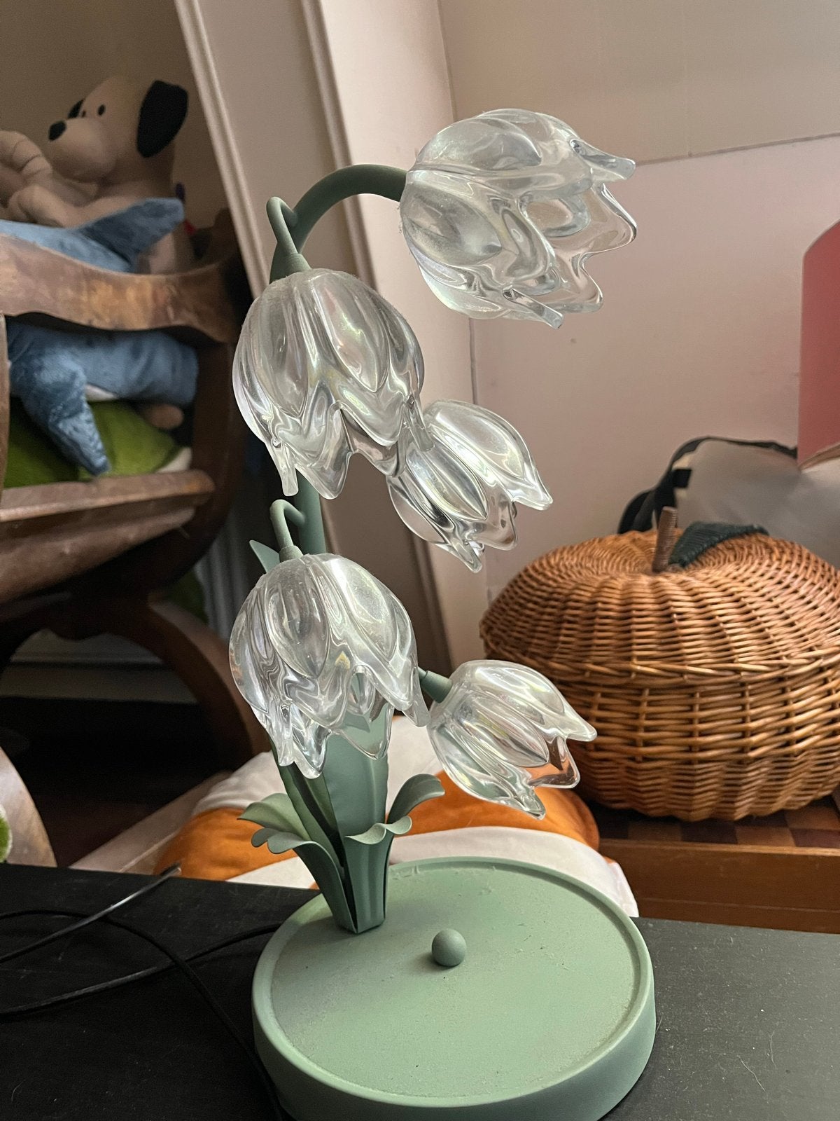 Leuke Lelielamp met glazen bloemen, Groen, Ophalen of Verzenden, Glas, Sfeerlamp